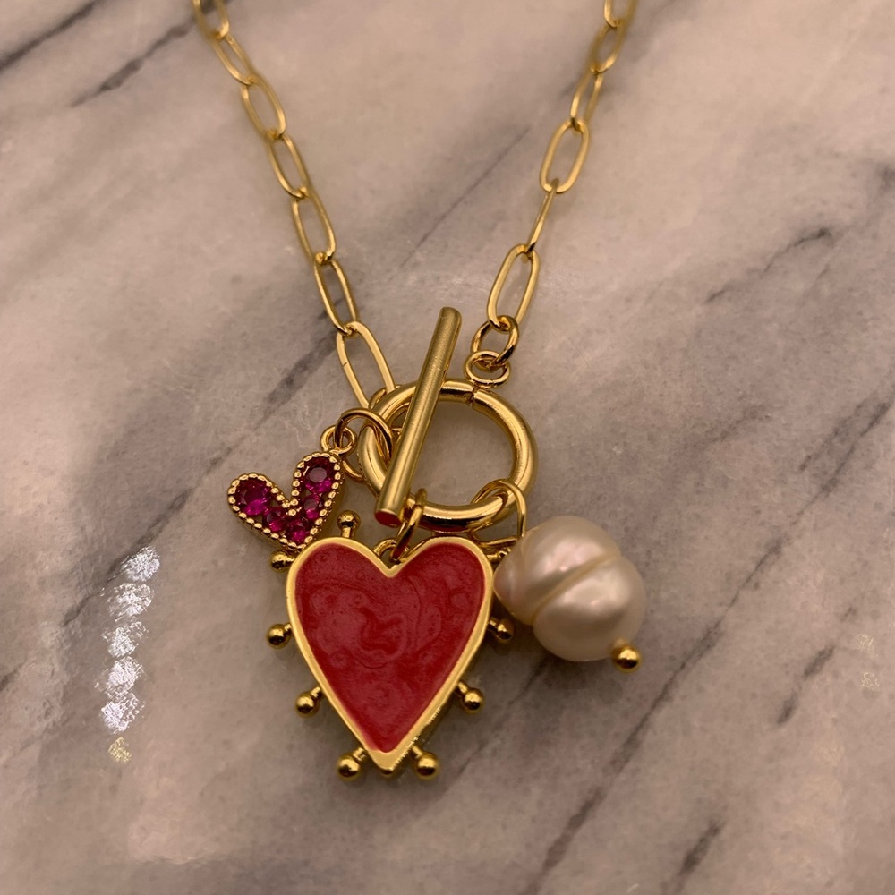Gold & Red Heart & Faux Pearl Pendant Necklace on Paper Clip Style Chain